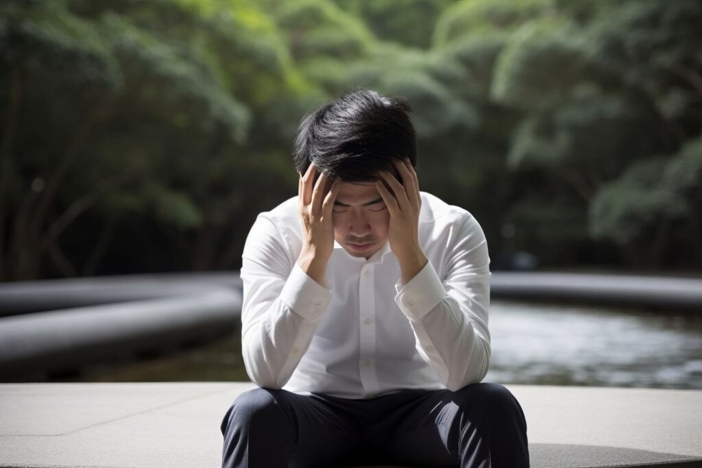 公園で頭を抱える男性